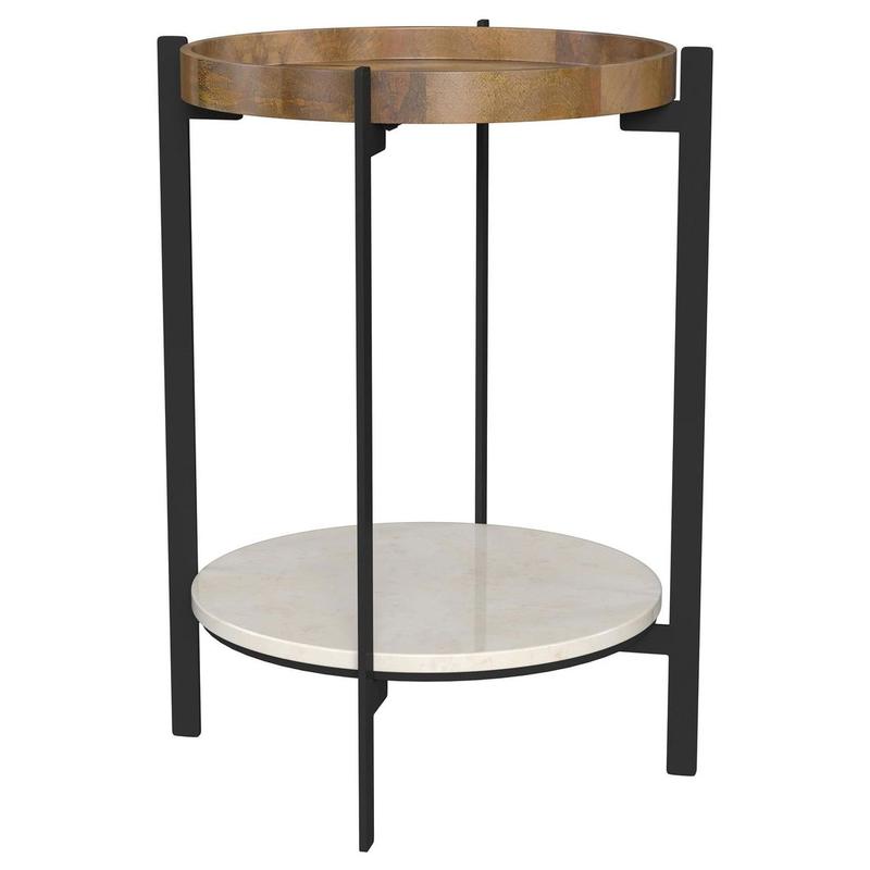 Adhvik Round Side Table with Marble Shelf Natural and Black