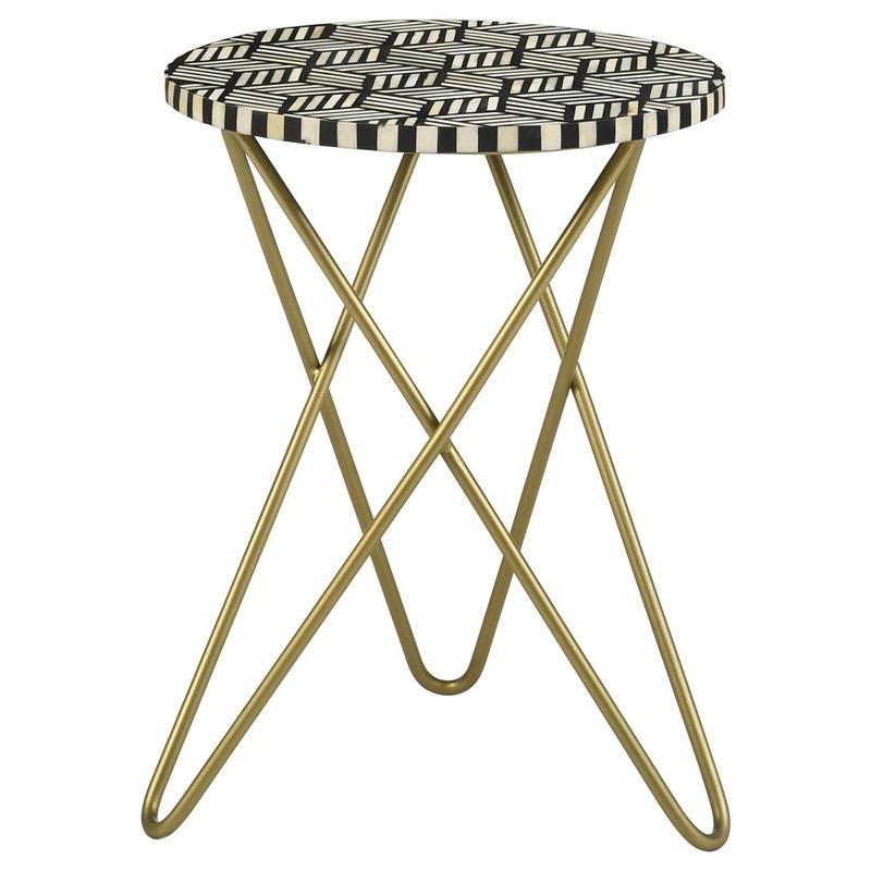 Xenia Round Bone Inlay Accent Side Table White and Gold
