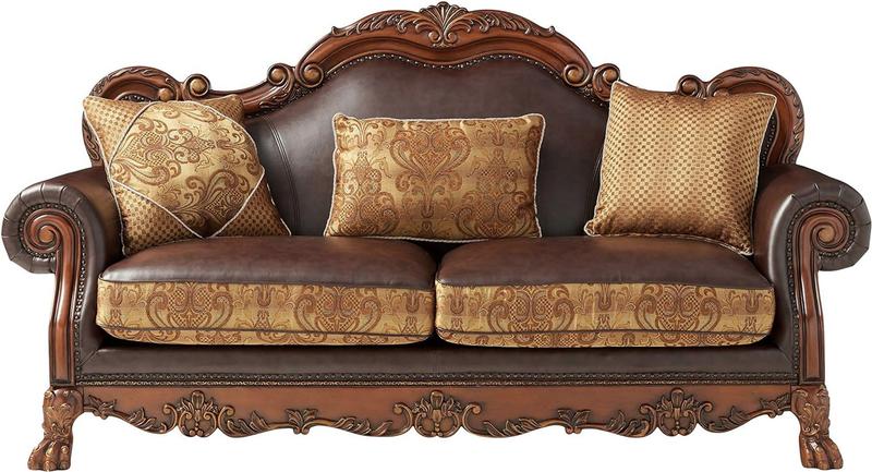 Dresden Brown Synthetic Leather & Chenille, Cherry Oak Sofa W/3 Pillows