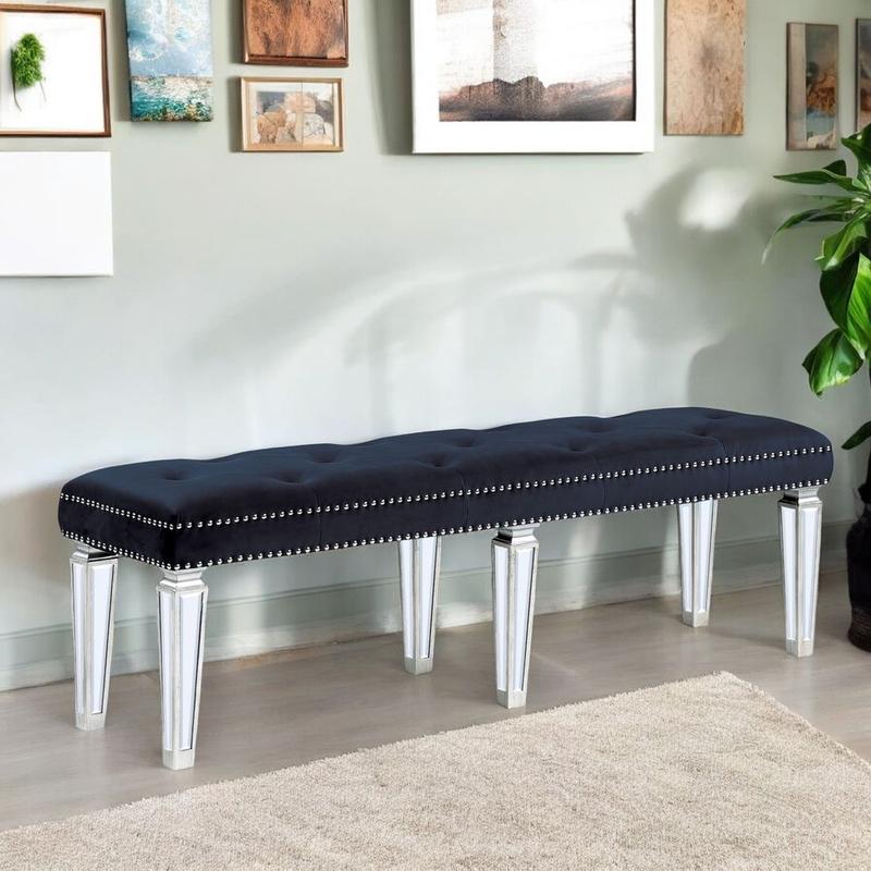 Varian Dark Navy Velvet & Mirrored Bench