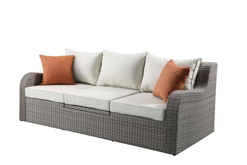 Salena Beige Fabric & Gray Wicker Patio Sofa W/2 Pillows & 2 Ottomans