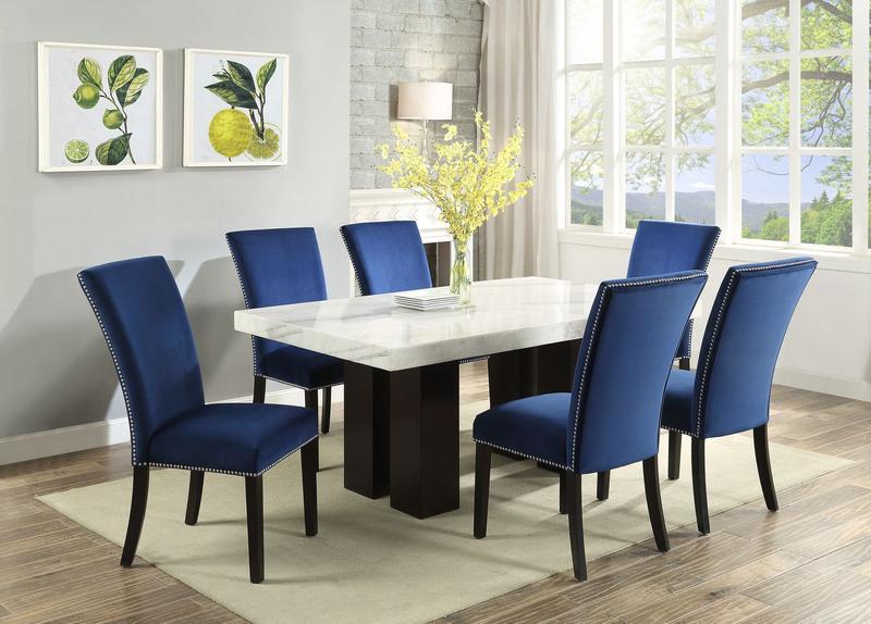 Camila Rectangle Dining Set 7pc - Blue Velvet Chairs