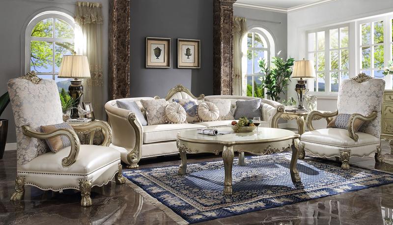 Dresden II Pearl Synthetic Leather & Gold Patina Sofa W/7 Pillows