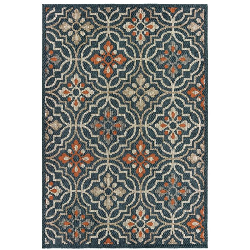 Latitude 709B3 Teal/ Orange Indoor/Outdoor Area Rug - 7'10" x 10'
